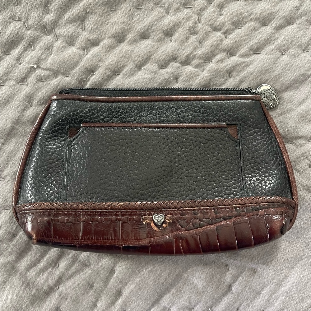 Vintage Brighton large coin purse zippered black & brown leather heart silver
